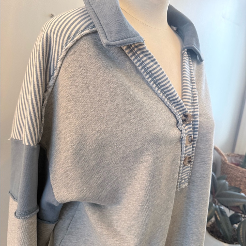 Blue And Gray Button-Up Patchwork Pullover - image 3